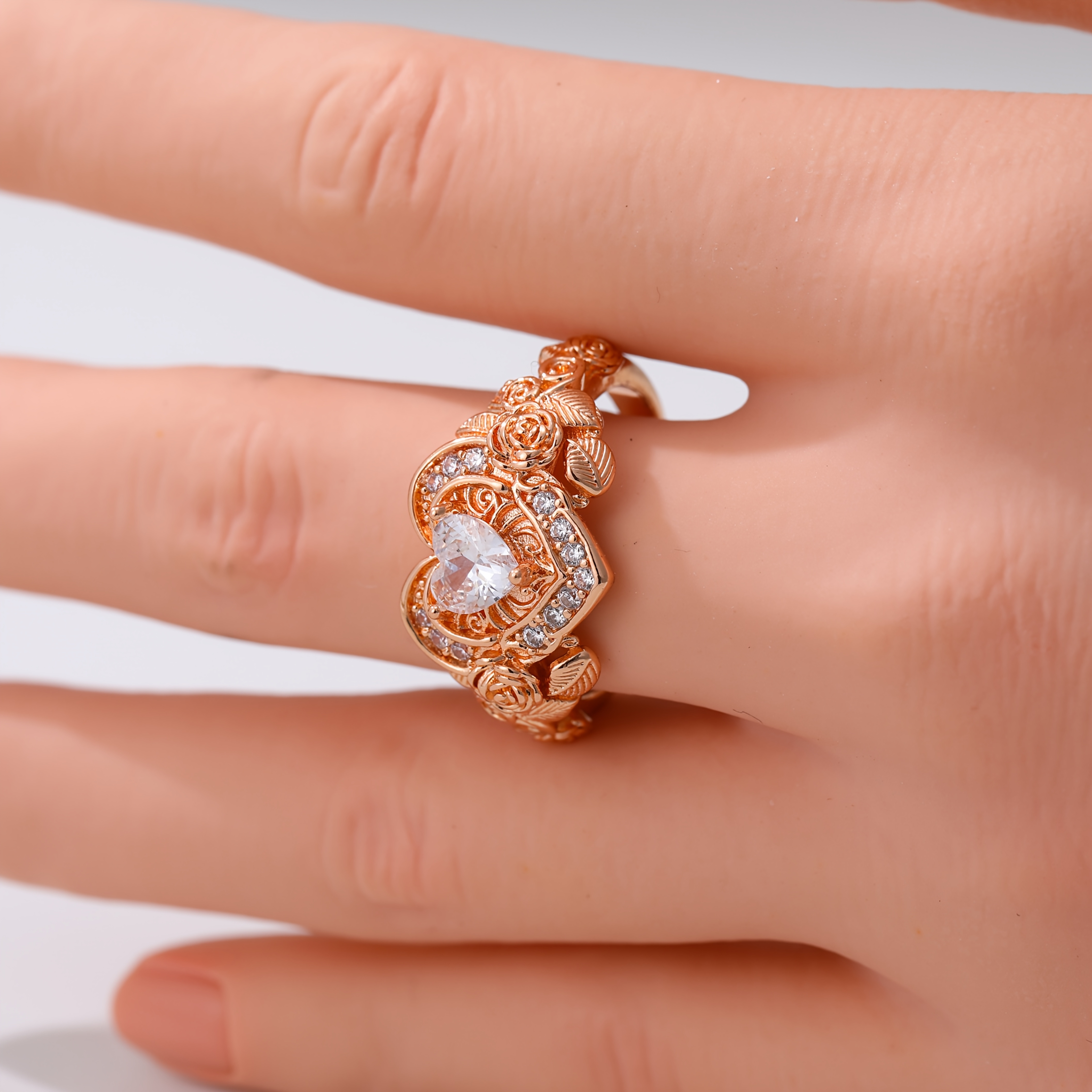 Women's Rose Gold Flower Synthetic Zirconia Ring, Elegant Design